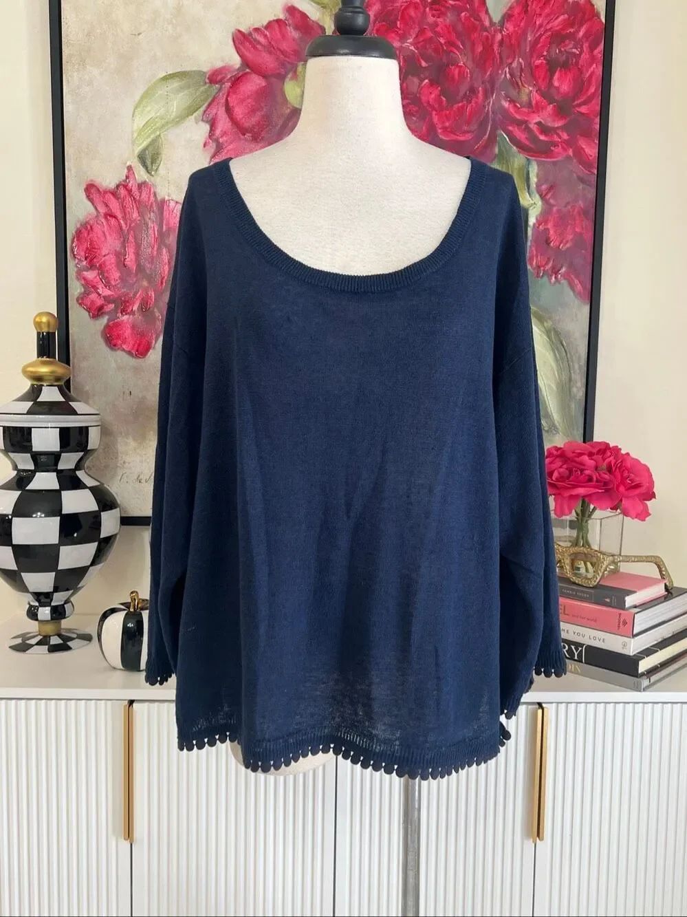 J. Crew Women's 100% Linen Pom Pom Trim Knit Pullover Sweater Navy Blue Size XL
